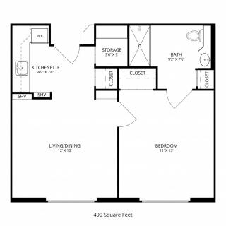 A detailed floor plan of an apartment, showing the layout of rooms and dimensions.