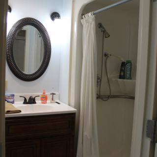 A bathroom with a sink, mirror, and shower area.