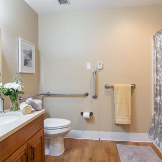 A well-organized bathroom with accessibility features, including handrails and a shower area.