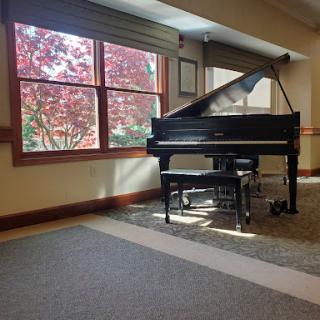 A grand piano bathed in natural light, with autumn leaves visible through the window.