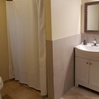 A bathroom featuring a shower with a curtain, a sink with a vanity and mirror, and a toilet.