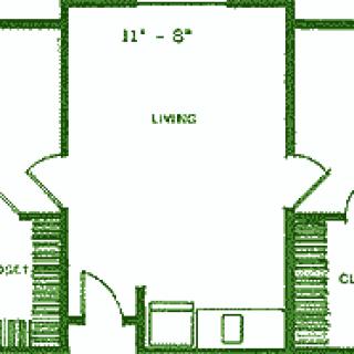 A floor plan layout showcasing a living room with adjacent closets.