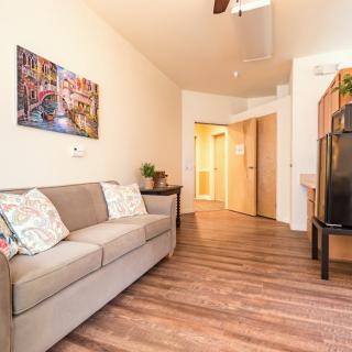 A modern living room with a comfortable sofa, hardwood flooring, and stylish artwork on the wall.