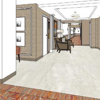 A 3D rendering of an office reception area with modern furniture and decor.