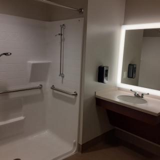 An accessible bathroom with a shower, sink, and illuminated mirror.