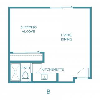 A simple floor plan of a studio apartment with a sleeping alcove, living/dining area, kitchenette, and bath.