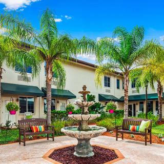 A vibrant courtyard featuring a central fountain, surrounded by palm trees and benches, with buildings in the background.