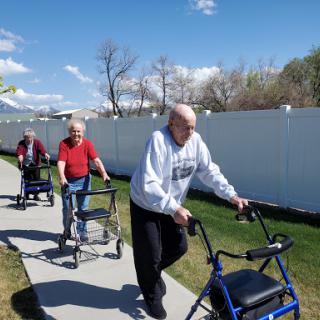 Elderly individuals enjoying a community walking session with the help of walkers.