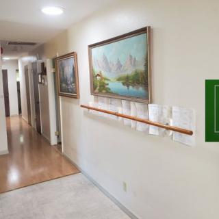 A well-lit hallway featuring paintings and wall decor.