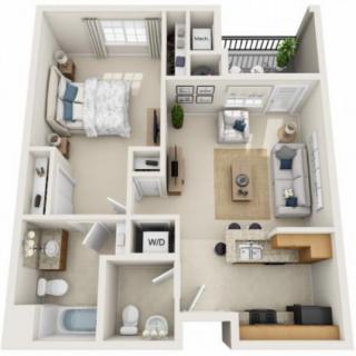 A 3D floor plan of a one-bedroom apartment with a living room, kitchen, and bathroom.