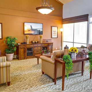 A cozy living room with comfortable seating, warm lighting, and decorative plants.