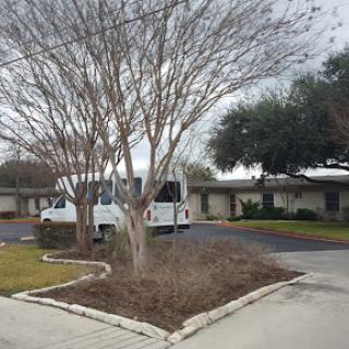 A view of a bare tree and a parked vehicle near residential buildings on a cloudy day.