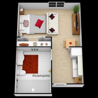 A studio apartment floor plan featuring a bedroom, kitchen, and living area.