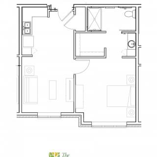 A simple apartment floor plan showing a bedroom, bathroom, and living area.