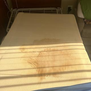 A mattress with a visible stain under bright sunlight in a bedroom setting.