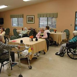 Elderly residents sitting in a nursing home's dining area.