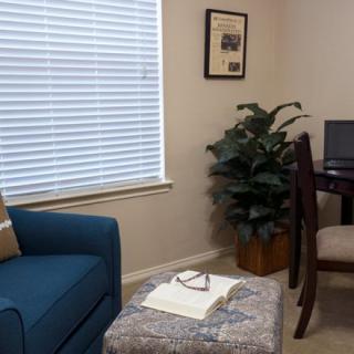 A cozy living room with a blue sofa, desk, and plant by the window.