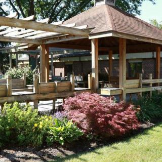 A beautifully landscaped garden featuring a wooden pergola and lush greenery.