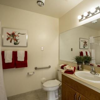 A well-lit bathroom with a large mirror, featuring red towels and decorative items.