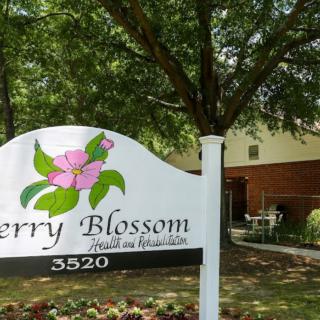 A sign for Cherry Blossom, surrounded by trees and a building in the background.