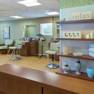 A serene and well-organized salon interior with relaxing ambiance.