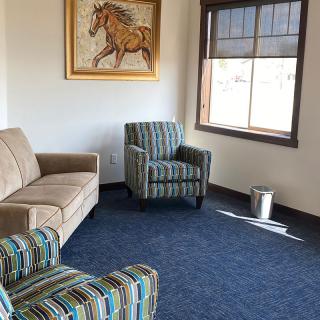 A cozy living room with a patterned armchair, sofa, and a horse painting on the wall.