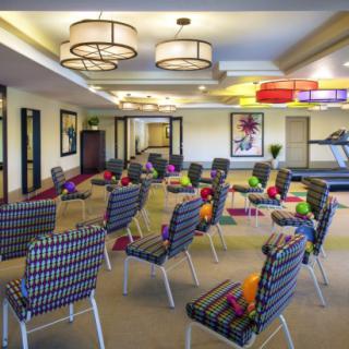 A multipurpose conference room set up with chairs, exercise balls, and yoga mats for a fitness class or workshop.
