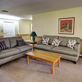 A cozy living room with two gray sofas, a wooden coffee table, and decorative cushions. A lamp sits on a side table, accompanied by artwork on the wall.