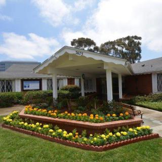 A beautifully landscaped garden in front of a residential building with a grassy lawn and colorful flowers.