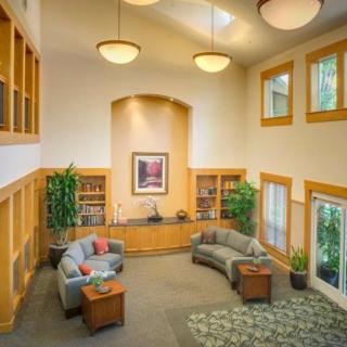 A spacious living room with modern furniture and large windows, adorned with indoor plants and soft lighting.
