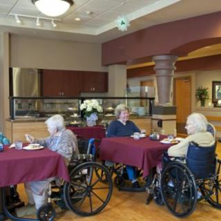 Elderly individuals in wheelchairs dining together in a communal setting.
