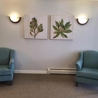 A simple waiting room with two blue armchairs, botanical artwork on the wall, and soft lighting.