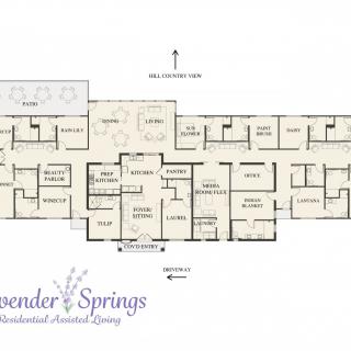 This is a floor plan for Lavender Springs Residential Assisted Living, showcasing the layout and design of the facility.