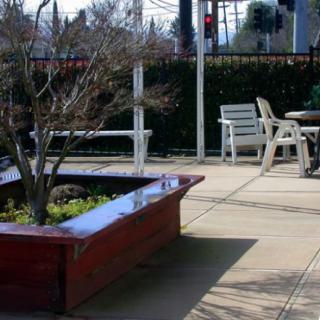 An outdoor patio area featuring furniture and a planter with a tree.
