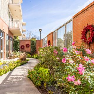 A landscaped garden with blooming flowers and a pathway alongside brick walls adorned with wreaths, under a clear sunny sky.