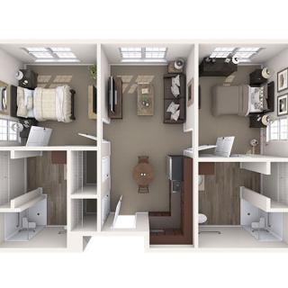 A top-down view of a two-bedroom apartment floor plan with a central living area and adjacent bathrooms.