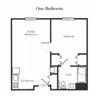 A floor plan of a one-bedroom apartment, showing the layout of the living/dining area, kitchen, bathroom, and bedroom.