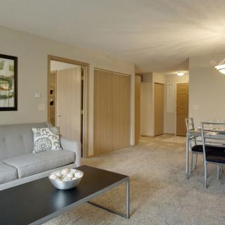 A modern apartment living room with a sofa, coffee table, and dining area.