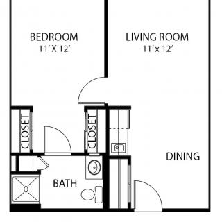 A simple floor plan of an apartment with a bedroom, living room, bathroom, and dining area.