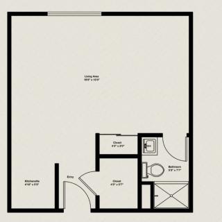A floor plan of a studio apartment showing the arrangement of rooms and spaces.