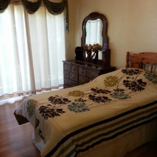 A cozy bedroom featuring a single bed with floral patterned bedding, a dresser with an attached mirror, and large curtains letting in natural light.