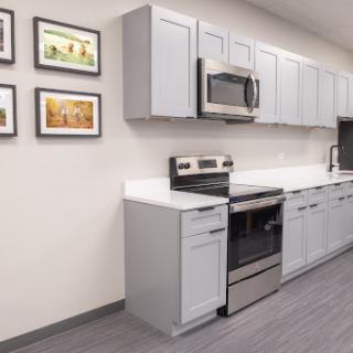 A modern kitchen featuring gray cabinets and stainless steel appliances, complemented by framed artwork on the wall.