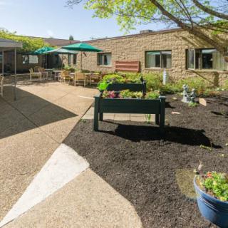 A sunny courtyard garden with planter boxes and seating.