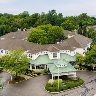 Aerial view of a residential building surrounded by lush greenery.