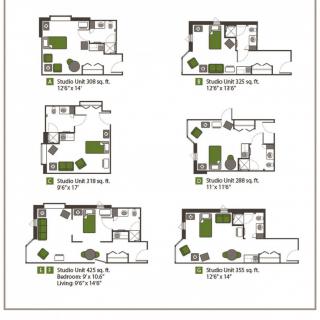 A collection of studio apartment floor plans with various layouts and room dimensions.