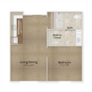 One-bedroom apartment floor plan with living/dining area, bathroom, and walk-in closet.