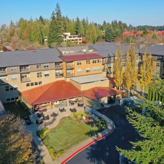 Aerial view of a building surrounded by trees, showcasing its architecture and a landscaped driveway.