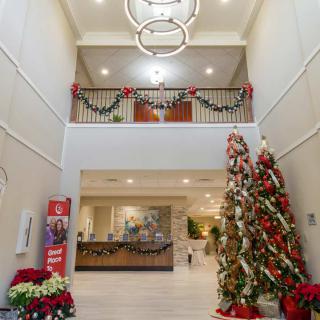 A festive hotel lobby decorated for Christmas with a large tree and garlands.