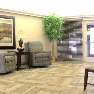 A well-lit waiting room with comfortable seating and tasteful decor.