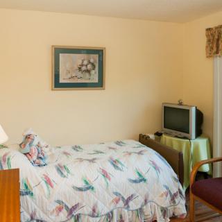 A cozy bedroom with a single bed, vintage television, and decorative painting.